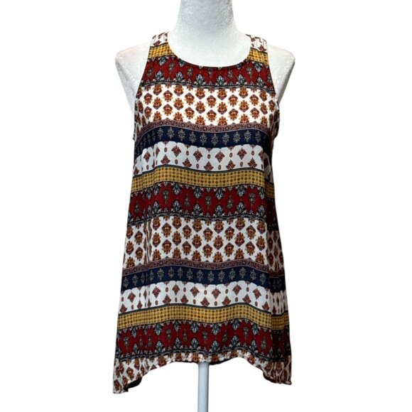 Pink Rose M Colorful Boho Tank Top Geometric Print A-Line Chiffon Red Blue Gold - Picture 1 of 7